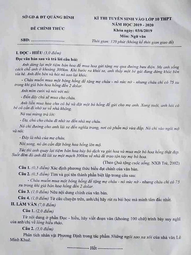 Quảng Bình: Đề thi môn Văn vào lớp 10 giống như copy từ đề thi học kỳ